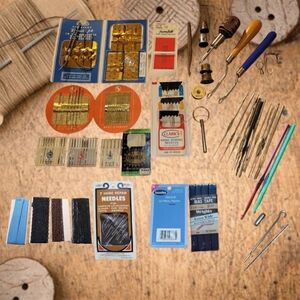 HUGE LOT VINTAGE SEWING/MACHINE BUTTONS NEEDLES ~CROCHET ~ BRASS RINGS ~
